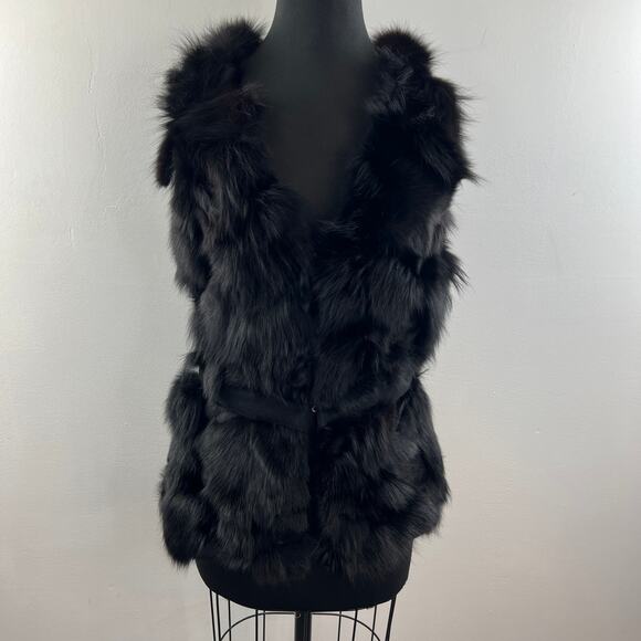THE CUE by Cher Qu Black Fur Vest Fitted Waist Hook & Eye V-Neck Size S Small - Picture 2 of 6